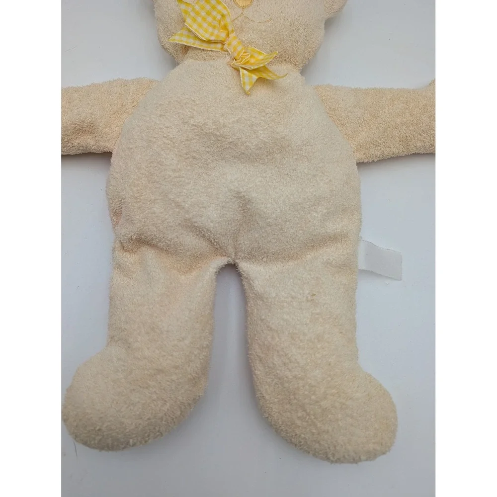 Plush Teddy Bear Cream Terry Cloth Yellow Gingham Bow Flat Style